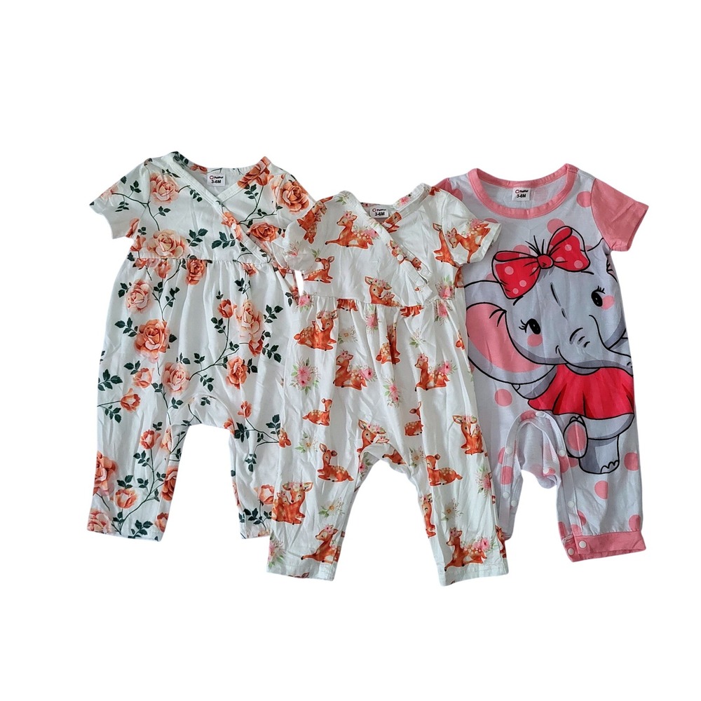 PatPat Baby Girl Romper 3 pc Floral Deer Elephant Pink White 3-6 Months